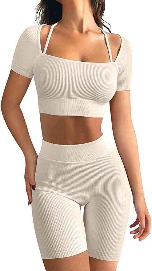 OQQ Workout Outfits for Women 2 Piece Ribbed Seamless Strap Detail Crop Top High Waist Shorts Exe... | Amazon (US)