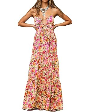 Womens Summer Floral Spaghetti Strap Backless Low Cut Smocked Flowy Maxi Dresses Beach Sundresses | Amazon (US)