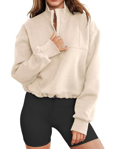 INFITTY Women Long Sleeve Zip Up Sweatshirt Drawstring Cropped Pullover Stand Collar Casual Jacket With Pockerts Apricot 2XL | Amazon (US)
