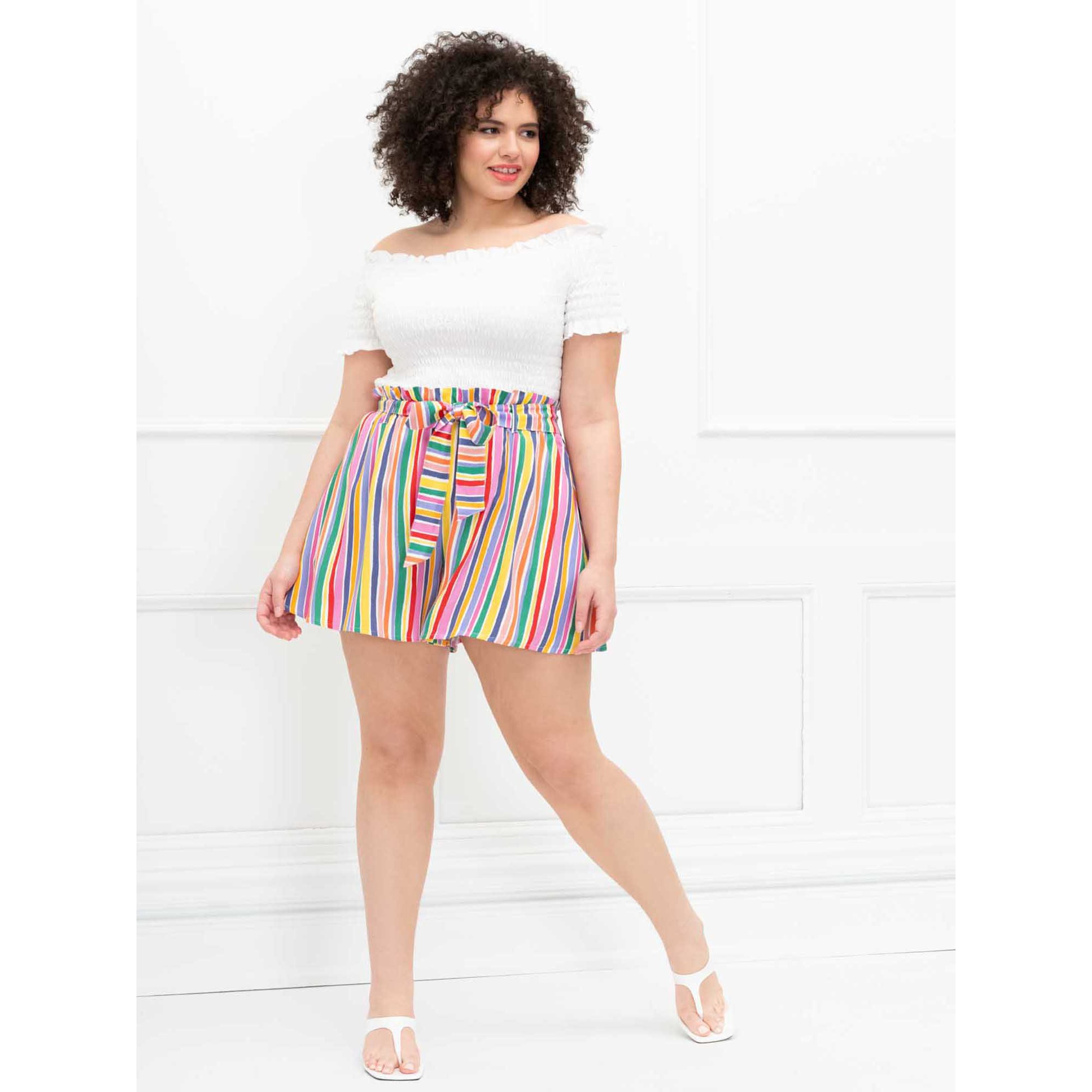 ELOQUII Elements Women's Plus Size Ruffle Waist Striped Swing Shorts | Walmart (US)