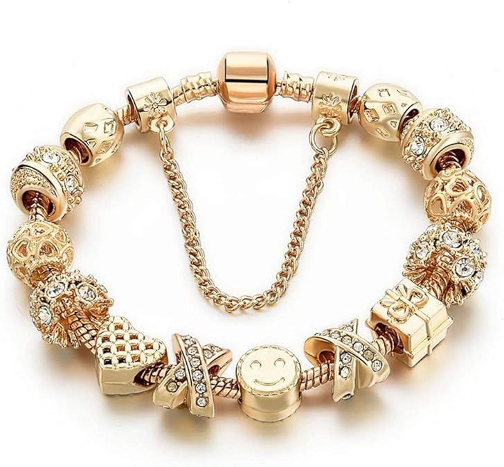 CHOKER Charm Bracelets for Women Gold Plated Snake Chain Heart Shape Smile Rhinestone Beads Charm... | Amazon (US)