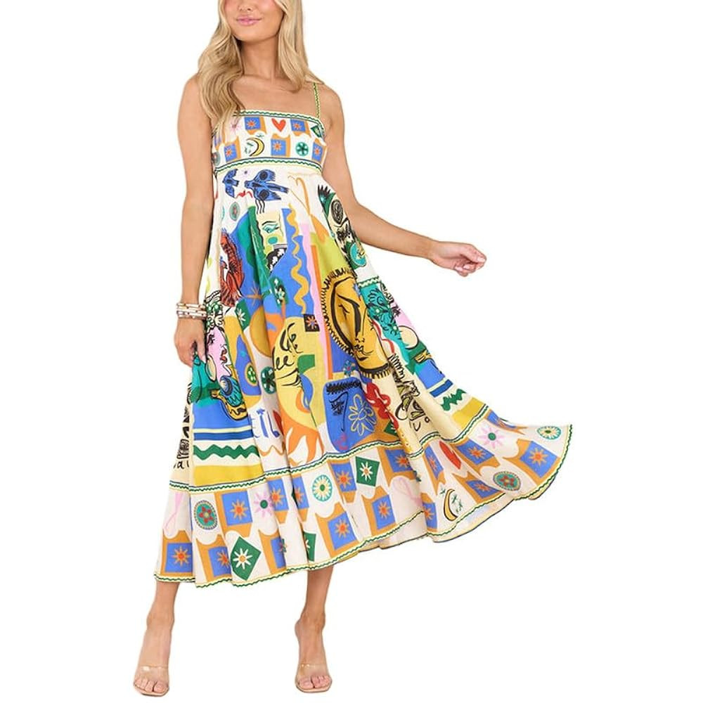 Women Boho Graffiti Cami Long Dress Graphic Spaghetti Strap Flowy Swing Maxi Dress Colorful A Lin... | Amazon (US)