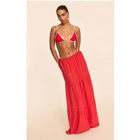 Red Linen Look Tiered Maxi Beach Skirt | PrettyLittleThing US