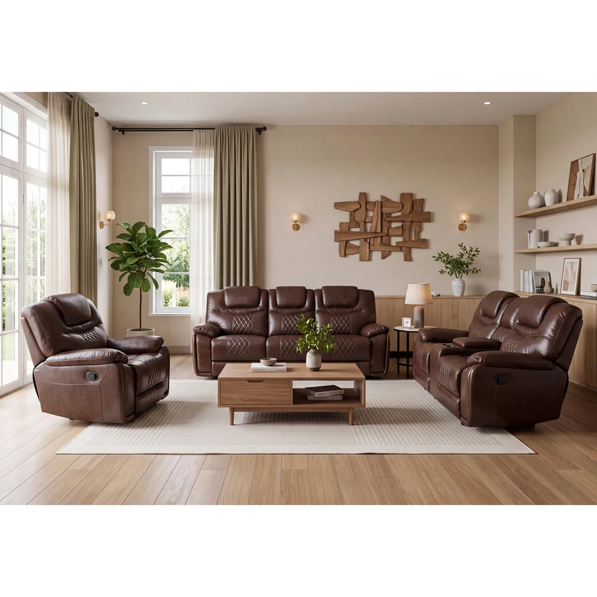 Jepum 3 - Piece Genuine Leather Manual Reclining Living Room Set with Cupholder & Storage | Wayfair North America