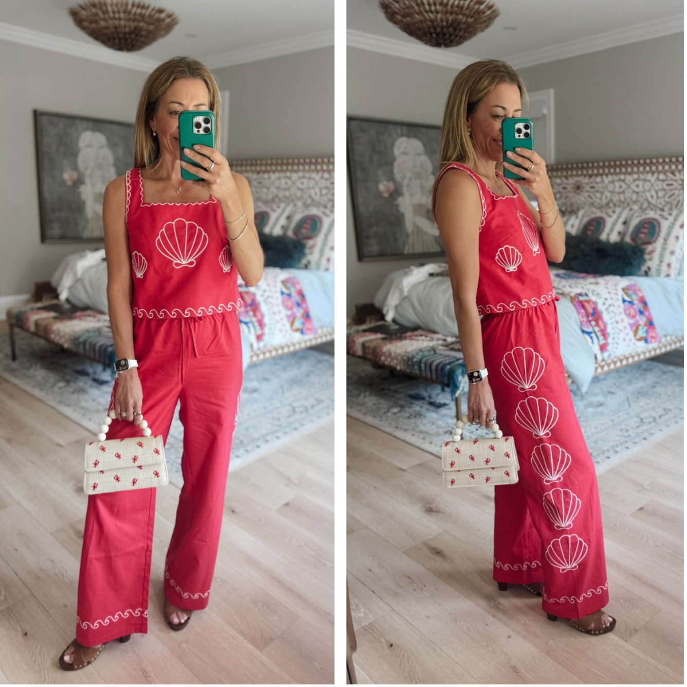 This set had me at the seashell details 🐚❤️ The embroidered trim down the pants and top feels so fun and vacation-ready, but still easy to wear. Paired it with the cutest little lobster bag because apparently I’m leaning fully into my coastal grandmother-meets-beach club era this summer 

 #LTKgrwm #LTKootd #LTKSeasonal