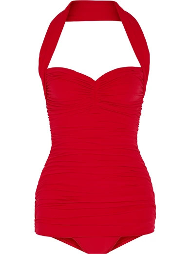 Norma Kamali - Bill Mio Ruched Halterneck Swimsuit - Claret | NET-A-PORTER (US)