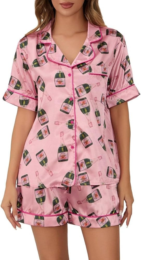 Juakoso Women Champagne Bottle Pajamas Sets Wine Can Print Pjs Sets Silk Satin 2 Piece Sets Short... | Amazon (US)