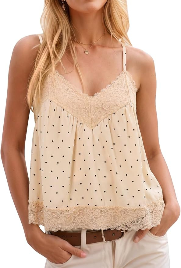 Yousify Women's Y2k Lace Cami Tops V Neck Babydoll Spaghetti Strap Going Out Tops Summer Cute Flo... | Amazon (US)