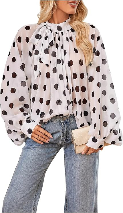 Floerns Women's Polka Dots Bishop Sleeve Shirts Tie Neck Mesh Dressy Casual Blouse Tops | Amazon (US)