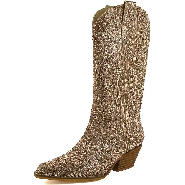 ARiderGirl Zoe Women's Knee High Rhinestone Crystal Stacked Heel Pointed Toe Party Western Boots | Amazon (US)