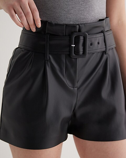 Super High Waisted Faux Leather Belted Paperbag Shorts | Express