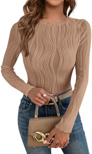 PRETTYGARDEN Women's Tops 2025 Fall Fashion Long Sleeve Crewneck Blouse Slim Fit Textured Basic K... | Amazon (US)