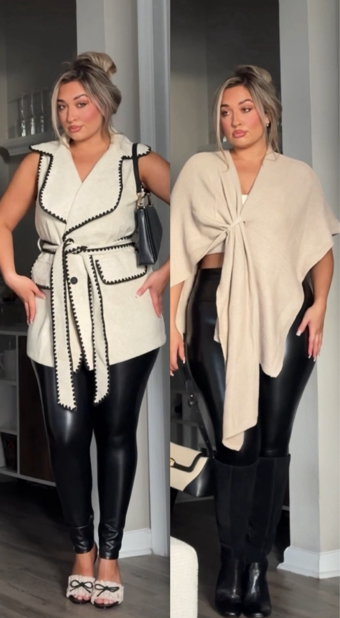 Faux leather leggings styled two ways. So cute for a date night or casual everyday outfit.

Leggings: large
Sweaters: large in both