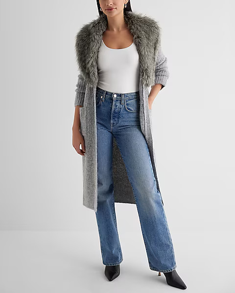 Fuzzy Knit Faux Fur Collar Duster Cardigan | Express