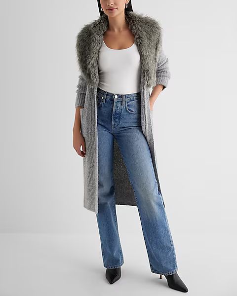 Fuzzy Knit Fur Collar Duster Cardigan | Express