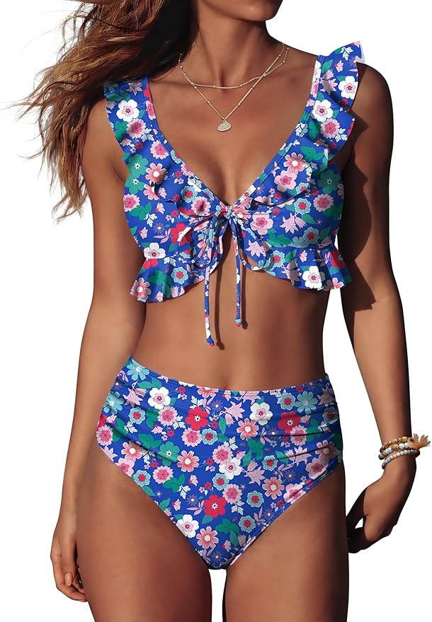 ANRABESS Women High Waisted Bikini Sets Two Piece Ruffled Self Tie Swimsuit Ruched Bathing Suit 2... | Amazon (US)