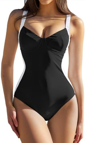 QINSEN Womens Color Block One Piece Bathing Suit V Neck Seamed Cup Swimsuit Lace Up Back Monokini | Amazon (US)