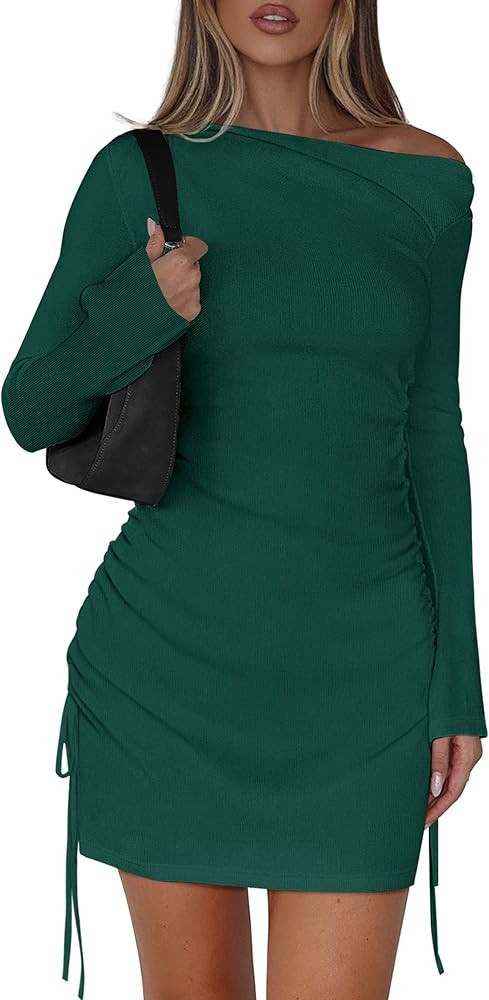 PRETTYGARDEN Women's 2025 Fall Off The Shoulder Dresses Casual Long Sleeve Ruched Side Slit Cockt... | Amazon (US)