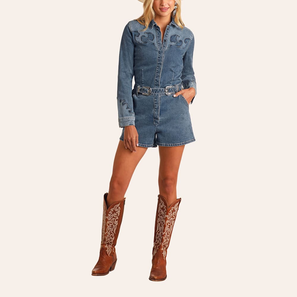 Rock & Roll Denim Women's 2 Tone Denim Curved Yoke Romper | Cavender's