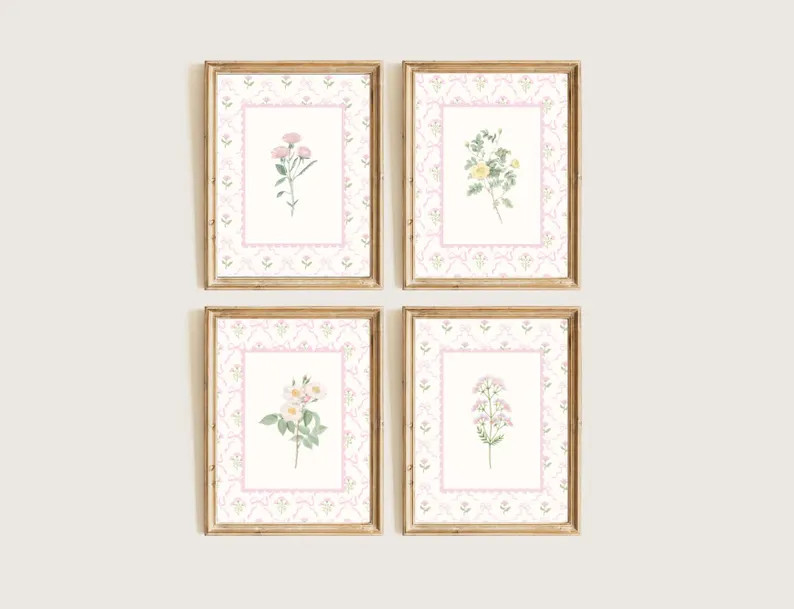 Gallery Wall Prints | Coquette Floral | Pink Botanical | Girl's Nursery | Set of 4 | Digital Down... | Etsy (US)