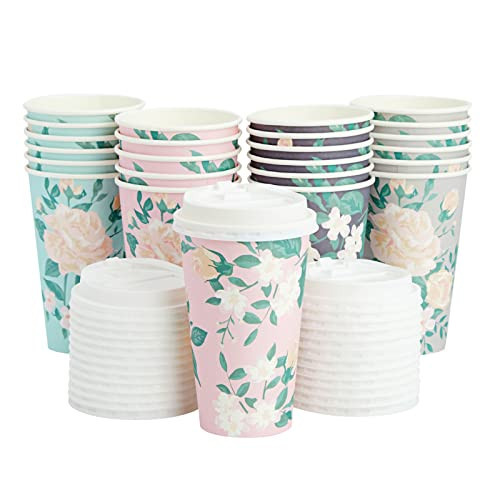 Juvale 24 Pack Floral Paper Coffee Cups with Lids 16 oz, To Go Coffee Cup Pack for Flower-Themed Birthday Party, Wedding Reception, and Baby Shower - 4 Pastel Color Disposable Coffee Cups with Lids | Amazon (US)