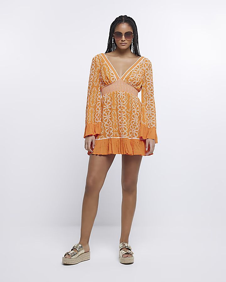 Orange floral embroidered beach mini dress | River Island (UK & IE)