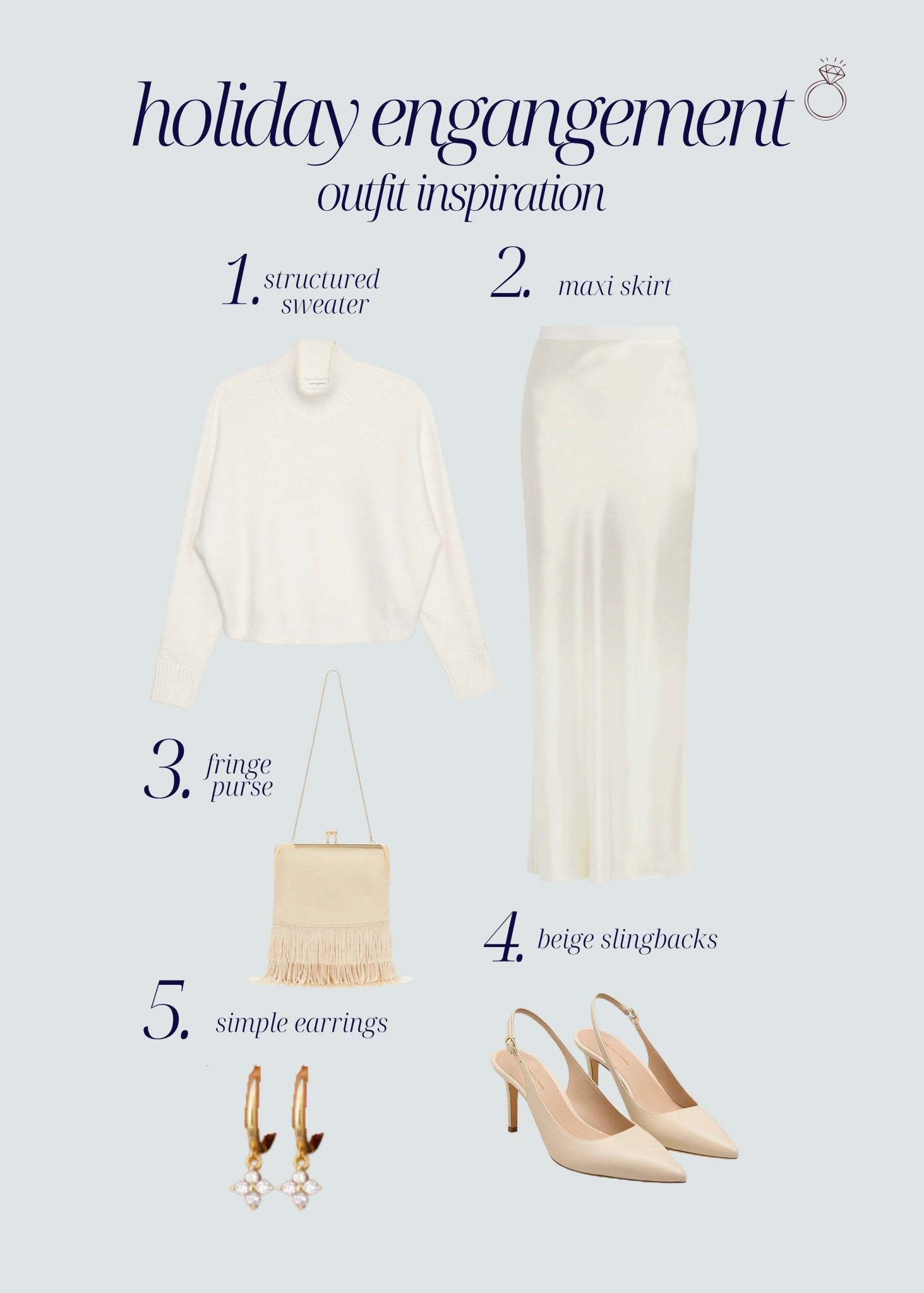 [12/4/25] holiday engagement outfit inspiration | structured sweater + satin skirt | love this monochromatic moment that feels classic and chic! Linking similar styles as well. 

[jacqmaria code is always viv15]

#LTKWedding #LTKHoliday #LTKSeasonal