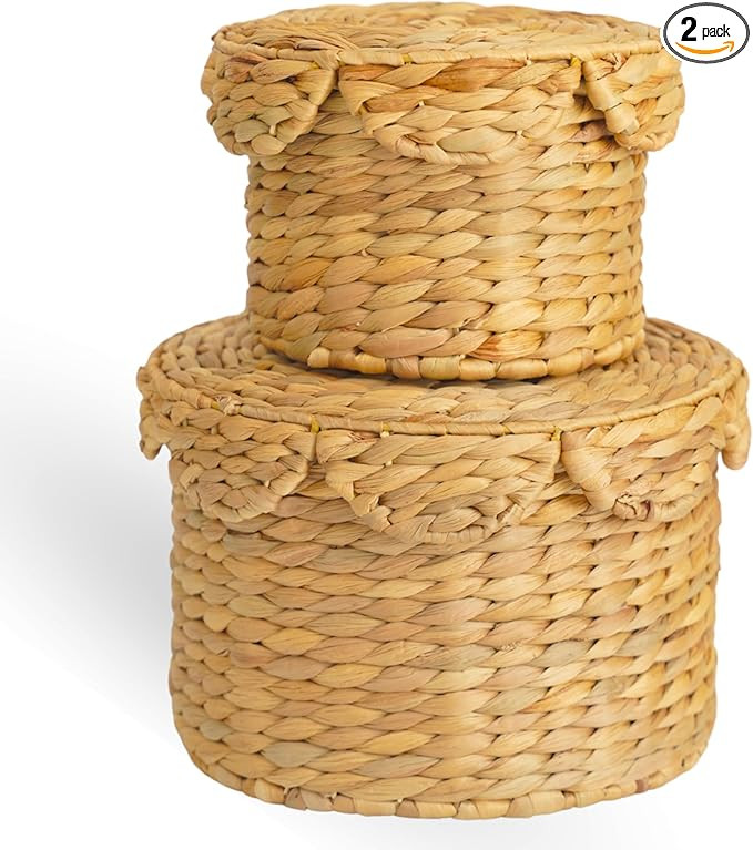 Scalloped Wicker Storage Baskets with Lid, Set of 2 Round Basket Decorative Boxes, Handwoven Hyac... | Amazon (US)