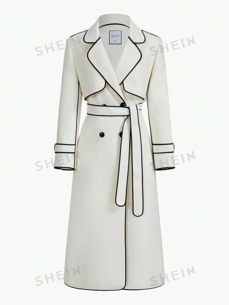MOTF PREMIUM WOOL CONTRAST PIPING LAPEL COLLAR DOUBLE BREASTED PLACKET BELTED LONG OVERCOAT | SHE... | SHEIN