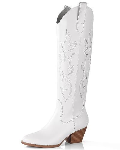 Ankis White Cowboy Boots for Women, Comfortable Cowgirl Boots for Women Low Chunky Heel Embroidered Cowgirl Boots Pull On Side Zip Pointed Toe Western Womens Boots | Amazon (US)