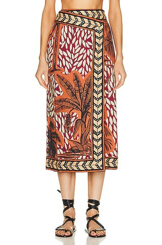 Johanna Ortiz Wild Patch Midi Skirt in Toile Russet Terracotta, Black, & Ecru | FWRD | FWRD 