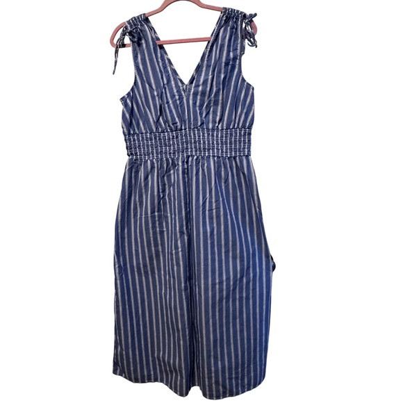 Old Navy Coastal Smocked Waist Blue White Striped Tie Shoulder Midi Dress L Sun | Poshmark