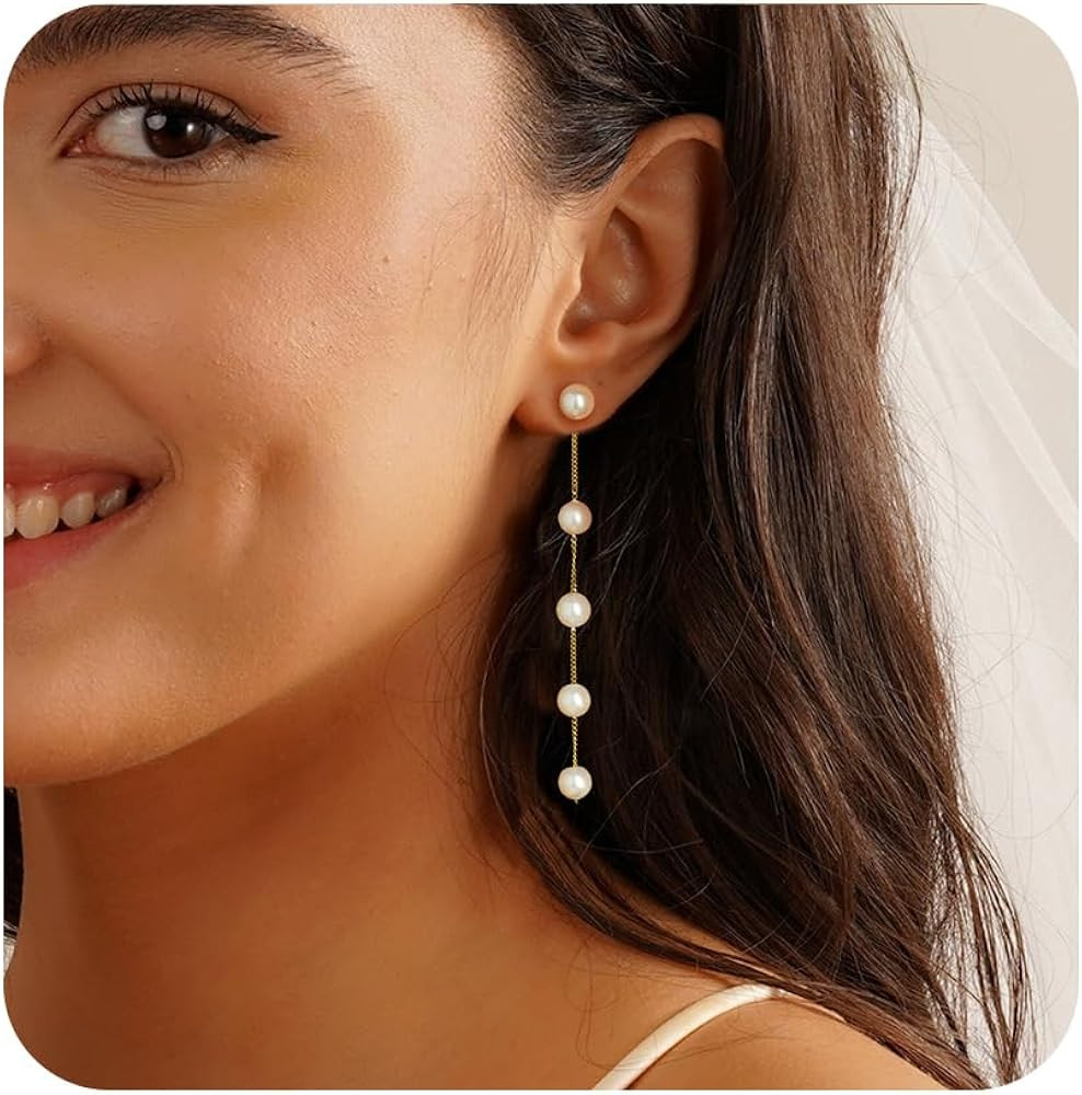 Pearl Earrings，4mm 5mm 6mm Gold/Silver Dangle Earrings for Women White Long Drop Pearl Dangling... | Amazon (US)