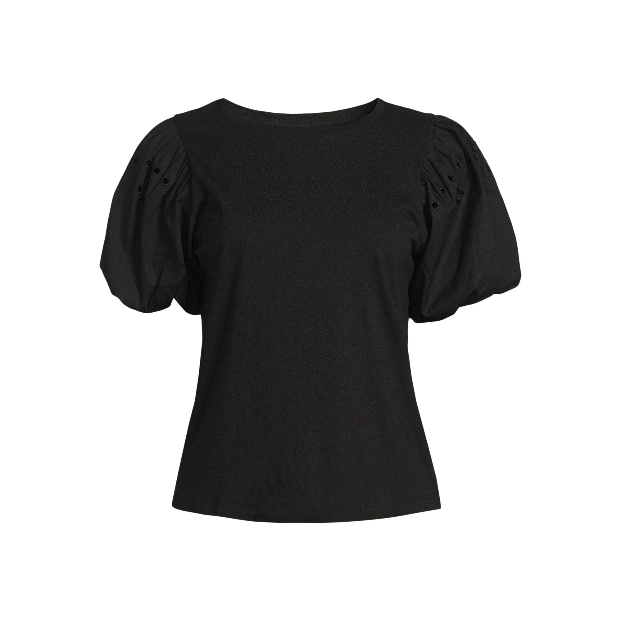 Free Assembly Women's T-Shirt with Embroidered Eyelet Sleeves, Sizes XS-XXL | Walmart (US)