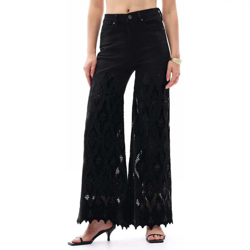 Bayeas Rhinestone Embroidered High Waist Wide Leg Jeans in Black at Nordstrom, Size 32 | Nordstrom