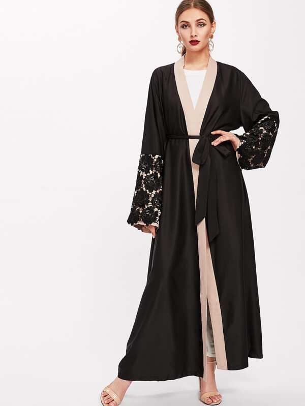 Contrast Floral Lace Detail Sleeve Self Tie Abaya | SHEIN