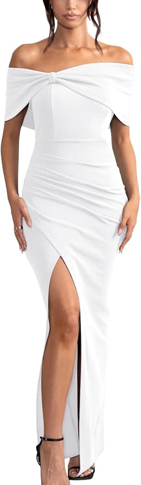 GOBLES Women's Elegant Strapless Ruffle Shoulder Short Sleeve Side Split Bodycon Ruched Formal Dr... | Amazon (US)