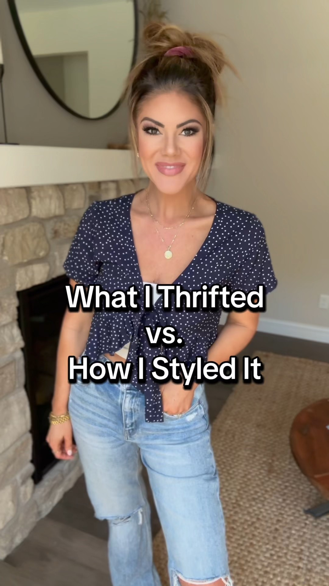 What I Thrifted vs. How I Styled It 

Navy and white polka dot front tie top. White cropped cami. Distressed denim. Budget friendly. Mom approved. 

#LTKU #LTKFindsUnder50 #LTKStyleTip