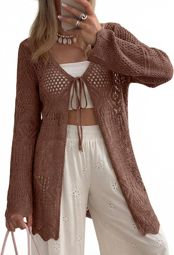 SHEWIN Crochet Cardigans for Women Long Sleeve Tie Front Bow Cardigan Sweaters Hollow Out Knit Su... | Amazon (US)