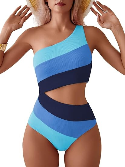 TASHEHE Women's One Shoulder One Piece Swimsuit Sexy Color Block Patchwork Bathing Suit Modest Fu... | Amazon (US)