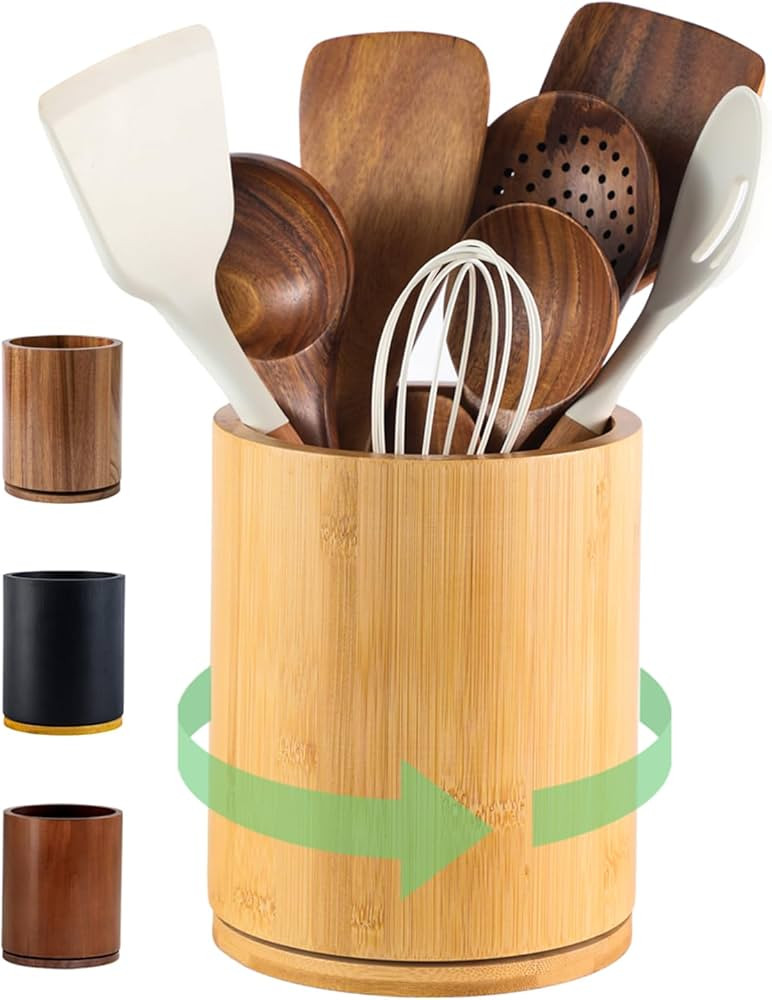 Wooden Utensil Holder, 360°Rotating 7.3'' Large Utensil Holder for Kitchen Counter, Kitchen Uten... | Amazon (US)
