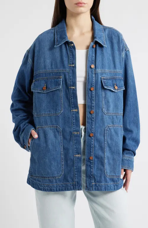 HIDDEN JEANS Oversize Cotton Blend Denim Shirt in Medium Wash at Nordstrom, Size X-Small | Nordstrom
