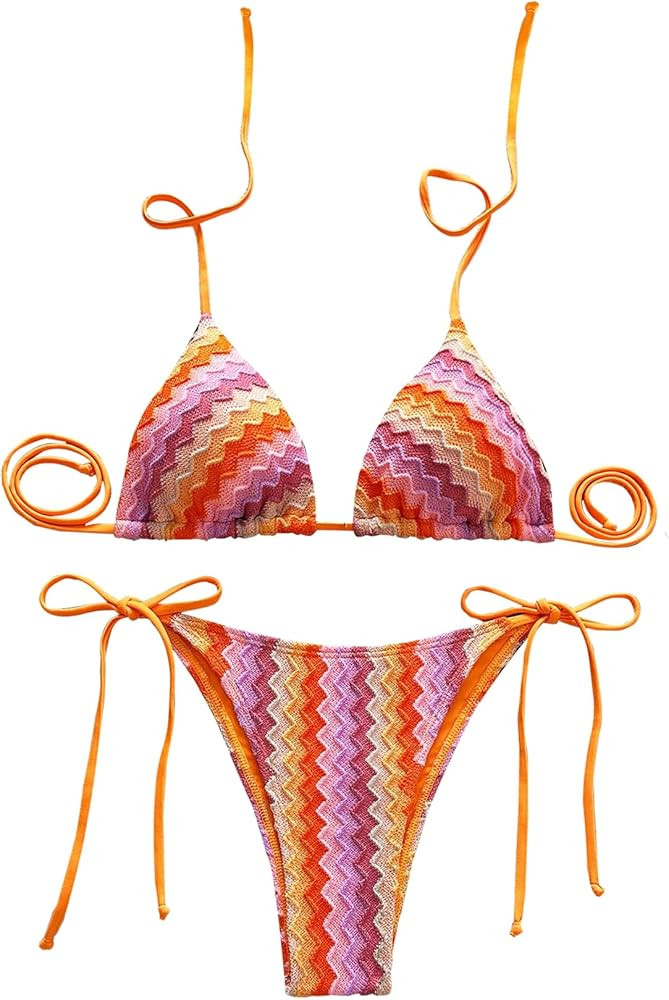 Women's Colorful Striped Halter String Bikini Set 2 Piece Tie Side Triangle Swimsuits Textured Sw... | Amazon (US)