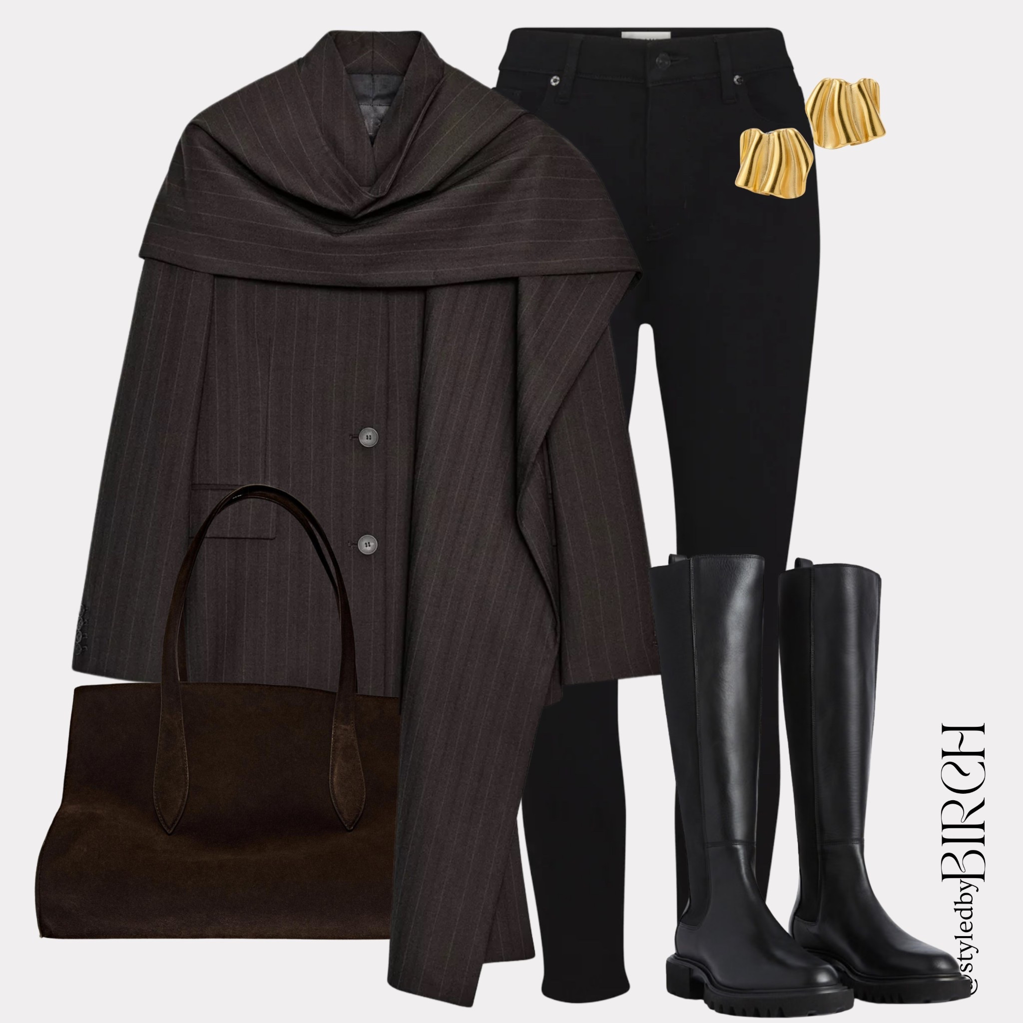 Tailored layers done right 🤎 Elevated basics that work from coffee dates to city plans.☕️✨

Tags 🏷️ 
Pinstripe tailored coat with draped scarf detail, Black straight leg trousers, Black leather knee high boots, Dark brown suede tote bag, Gold statement earrings

#LTKwinter #LTKeurope #LTKworkwear