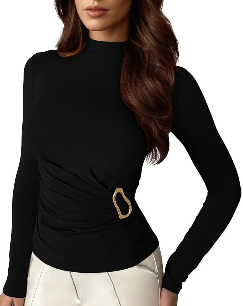 Pink Queen Women's 2025 Fall Long Sleeve Shirts Mock Neck Button Decor Ruched Slim Fit Going Out ... | Amazon (US)