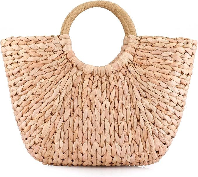 EROUGE Natural Chic Straw Bag Hand Woven Round Handle Handbags Retro Summer Beach Bag Beach Bag | Amazon (US)