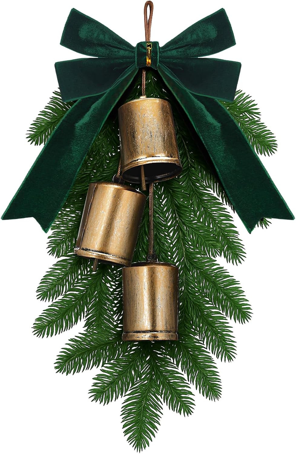Suncalla 28" Vintage Christmas Teardrop Swag Artificial with Bow Retro Cow Bells Pine Needles Teardrop Door Swag for Xmas Holiday Front Door Table Mantle Fireplace Indoor Outdoor Home Decor (Bronze) | Amazon (US)