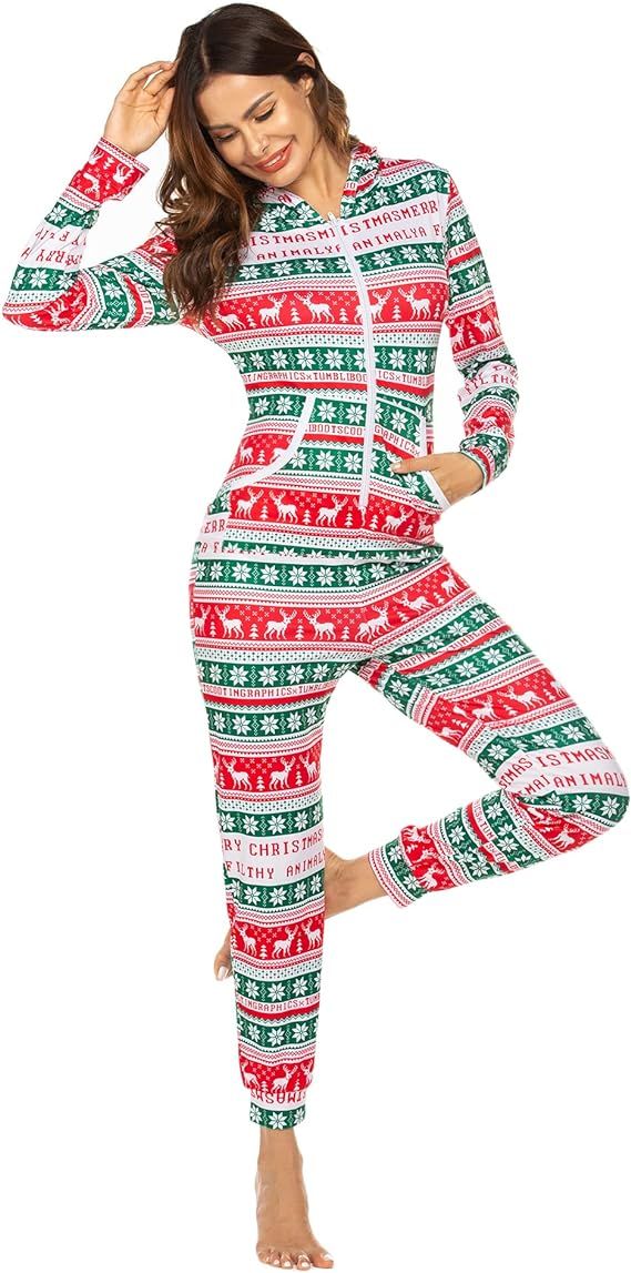 Ekouaer Women Hooded Jumpsuit Long Sleeve Onesies Zip Up One Piece Pajamas Sexy Sleepwear for Wom... | Amazon (US)