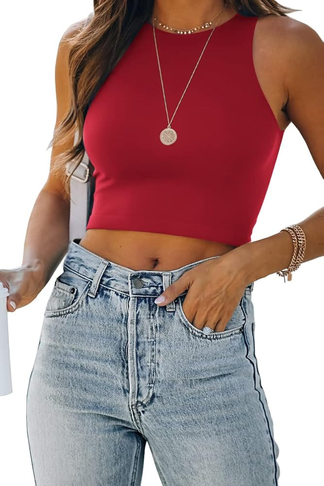 EFAN Womens Sexy Sleeveless High Neck Crop Tops Workout Cute Racerback Cropped Tank Tops Summer C... | Amazon (US)