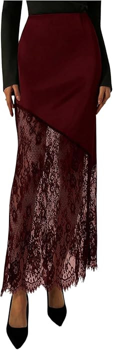SHENHE Women's Satin Lace High Waisted Patchwork Elegant Long Skirts | Amazon (US)